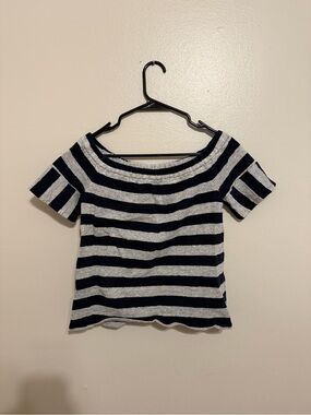 Madewell Navy and Gray Striped Off-Shoulder Crop Top